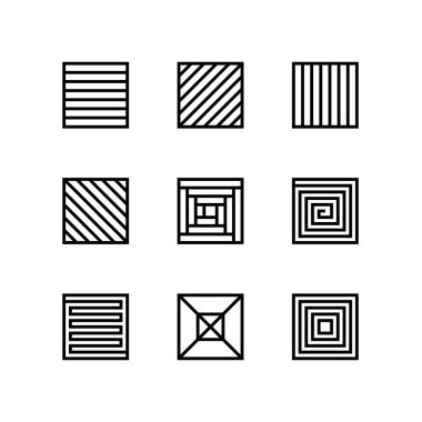 Geometrik doğrusal şekiller kümesi. Çeşitli şekillerde kare şekiller. Doğrusal dikdörtgen simgelerin toplanması. Oyun ve sergi için minimalist geometrik tasarım unsurları. Düzenlenebilir vuruş.