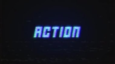 Arıza efektli AcTION retro VHS TV ekranı. Yazı ile retro VHS video oyunu ekranının döngü hatası canlandırması.