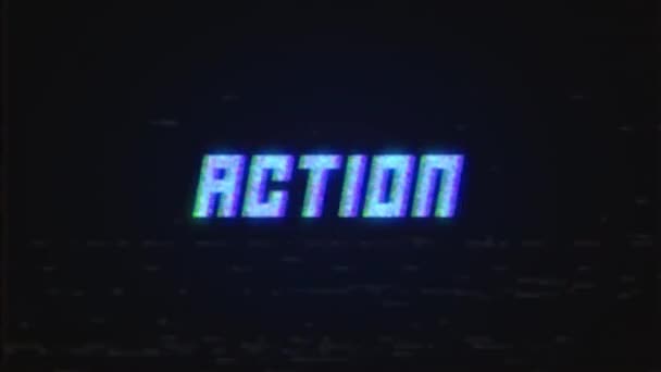 Tela de TV VHS retro de ação com efeito de falha. Looped glitch animação de retro VHS tela de vídeo game com inscrição ACTION. — Vídeo de Stock