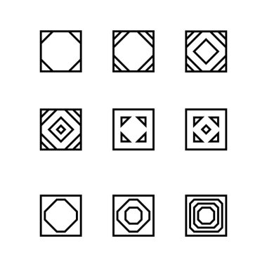 Geometrik doğrusal şekiller kümesi. Farklı şekillerde kare şekiller. Doğrusal dikdörtgen simgelerin toplanması. Oyun ve sergi için minimalist geometrik tasarım unsurları. Düzenlenebilir vuruş.