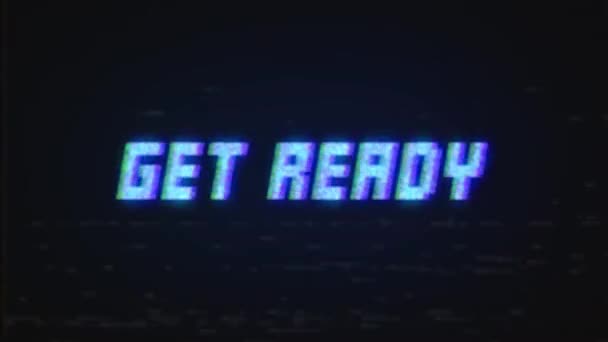 Obter tela de TV retro VHS com efeito de falha. Looped glitch animation of retro VHS vídeo game screen with inscription GET READY. — Vídeo de Stock