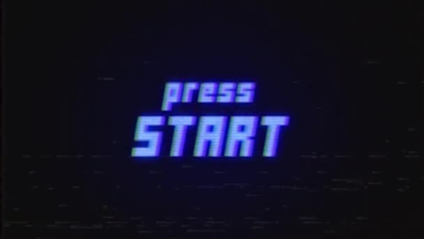 Prensa START retro pantalla de TV VHS con efecto de fallo técnico. Animación de fallos en bucle de la pantalla de video juego retro VHS con prensa de inscripción START. — Vídeo de stock