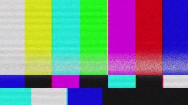 Sinyal yok, arıza retro TV ekranı. Analog televizyon sinyali bozulması. Televizyon hatası ekranı. SMPTE renk çubuğu veri arızaları. Sinyal kötü, titreşen eski bir televizyon ekranı..