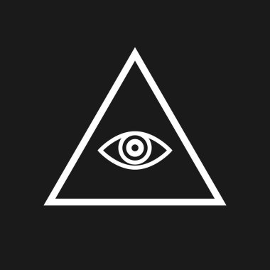 Retrowave üçgeni 1980 'ler tarzı. Siyah-beyaz üçgen ve içinde göz var. Poster, kapak, bayrak, buhar dalgası tarzı ürünler için gerileme tasarımı ögesi.