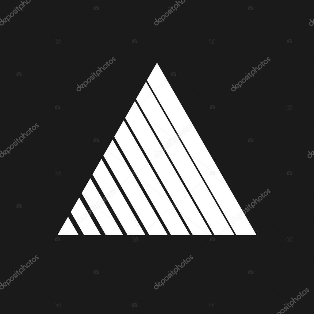 Retrowave triangle with diagonal stripes 1980s style. Synthwave black and white triangle. Retrowave design element for poster, cover, banner, merch in vaporwave style.