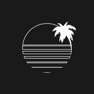 Retrodalga estetiği, plaj palmiyesi silueti olan bir çizgi dairesinin bileşimi. Sentetik dalga siyah beyaz 1980 'ler tarzı. Retrodalga tarzı projeler için tasarım ögesi. Vektör