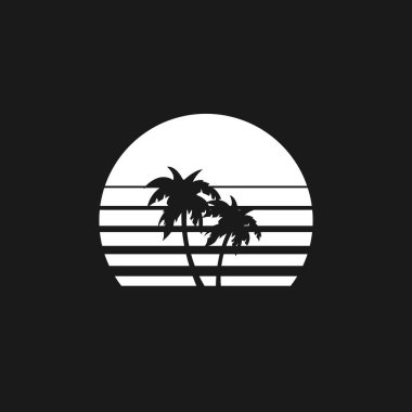 Retrowave güneş, günbatımı ya da gündoğumu 1980 'lerin stili palmiye ağacı siluetleri. Çizgili siyah beyaz güneş ve palmiye ağacı siluetleri. Retrodalga biçim projeleri için tasarım ögesi. Vektör
