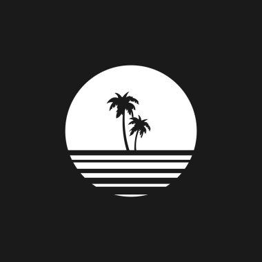 Retrowave güneş, günbatımı ya da gündoğumu 1980 'lerin stili palmiye ağacı siluetleri. Çizgili siyah beyaz güneş ve palmiye ağacı siluetleri. Synthwave biçim projeleri için tasarım ögesi. Vektör