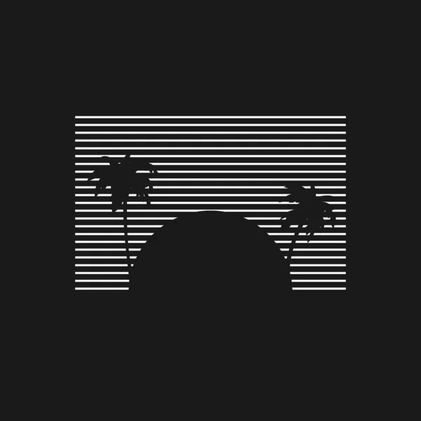 Retrowellensonne mit Palmensilhouetten im Stil der 1980er Jahre. Schwarz-weiße Sonnen- und Palmensilhouetten mit Streifen. Gestaltungselement für Projekte im Retrowave-Stil. Vektor — Stockvektor