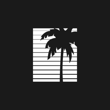 Retrodalga estetiği, plaj palmiyesinin silueti beyaz çizgili dikdörtgen üzerinde. 1980 'lerin siyah beyaz kompozisyonu. Retrodalga tarzı projeler için tasarım ögesi. Vektör