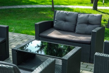 Oturma odası, kanepe, sehpa, kırmızı vazo ve çiçek.