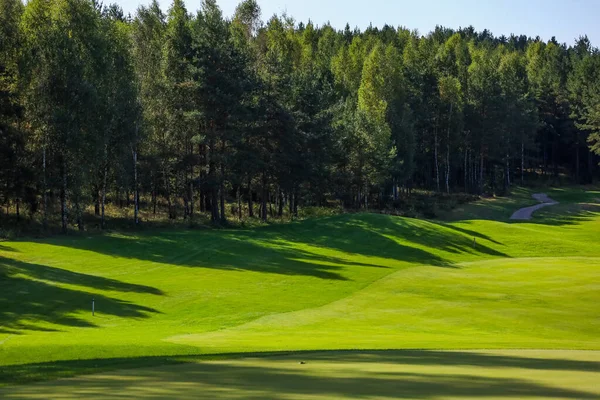 Paesaggio, campo da golf,, erba verde sullo sfondo di una foresta e un cielo luminoso con nuvole — Foto Stock