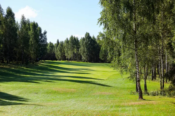 Paesaggio, campo da golf,, erba verde sullo sfondo di una foresta e un cielo luminoso con nuvole — Foto Stock