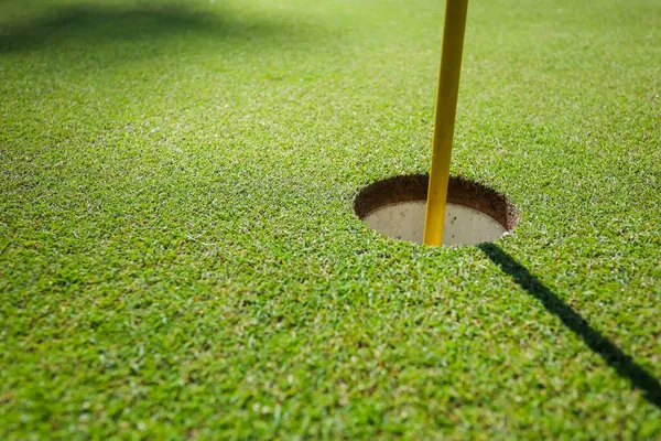 Vista desde arriba. Agujero de golf en la hierba verde —  Fotos de Stock