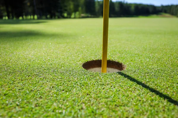 Vista desde arriba. Agujero de golf en la hierba verde — Foto de Stock