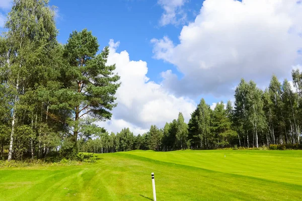 Campo de golfe, paisagem, grama verde no fundo de uma floresta e um céu brilhante com nuvens — Fotografia de Stock