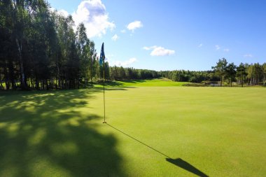 Yeşil çimenli bir golf sahasında bayrak gölgesi