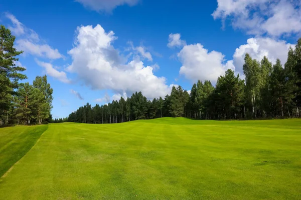 Krajobraz, pole golfowe, zielona trawa na tle lasu i jasne niebo z chmurami — Zdjęcie stockowe