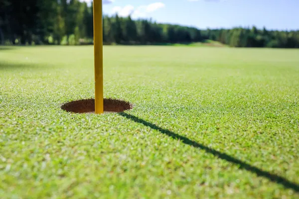 Vista desde arriba. Agujero de golf en la hierba verde — Foto de Stock