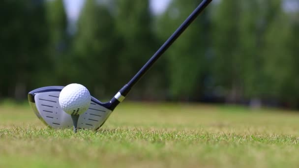 Close-up of a golfers hand putting the ball on a stand, putter on the background — Stockvideo