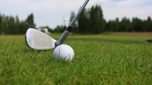 Close-up van het slaan van een golfclub op een bal tegen een bosachtergrond — Stockvideo