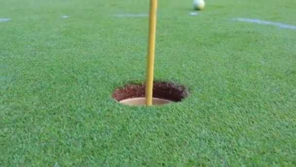 Ovanifrån, bollen rullar in i hålet, mannen spelar golf — Stockvideo