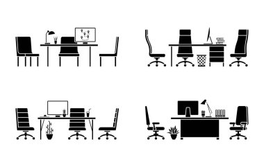 Modern boş ofis işyeri ön görünüm vektör çizim simgesi setinin tasarımı. Düz stil tablo, masa, sandalye, bilgisayar, masaüstü, bitki, lamba beyaz arkaplanda izole