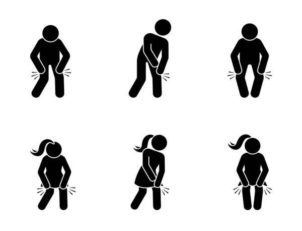 带有膝关节疼痛图标向量集的木棍图形男女 有膝盖痛问题的病人 白色背景上疼痛的运动象形文字 — 图库矢量图片
