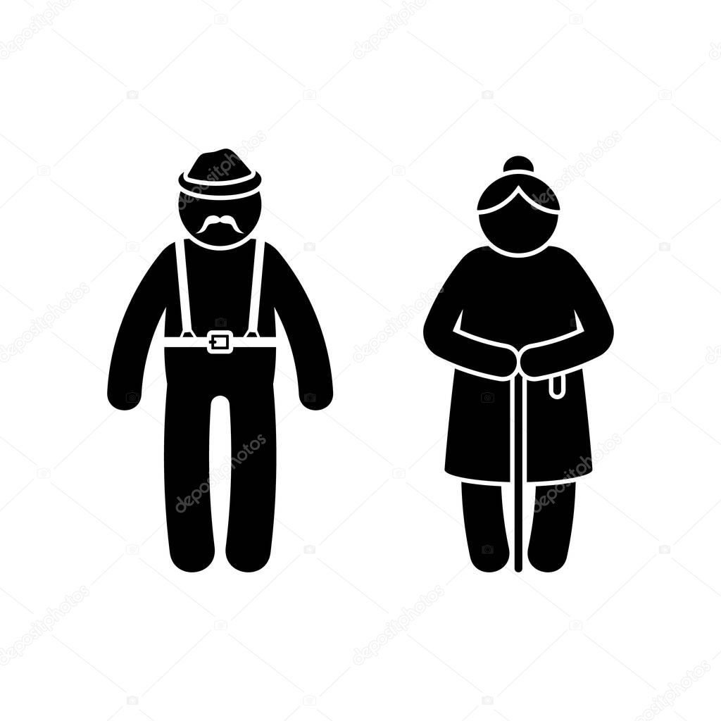 Grandparent stickman old male and female vector illustration set. Grandfather with suspenders and grandmother with walking stick couple icon silhouette pictogram on white