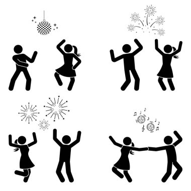 Mutlu çöp adam ve kadın, gece kulübü havai fişek gösterisi ikonu setinde el ele tutuşuyor. Stickman eğleniyor, zıplıyor, eğleniyor, beyaz arka planda parti silueti resmi