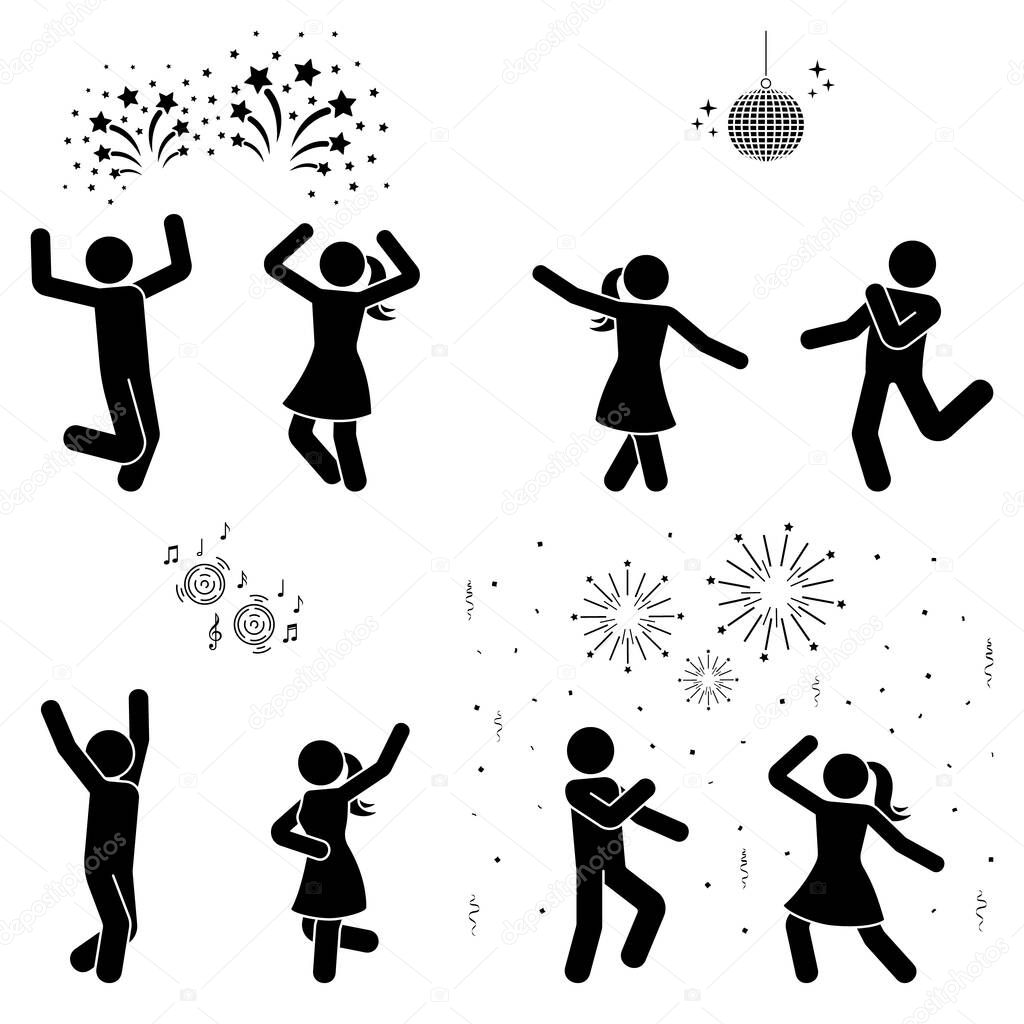 Happy stick figure man and woman dancing at nightclub under disco ball, watching fireworks vector illustration icon set. Stickman jumping, having fun, party silhouette pictogram on white background