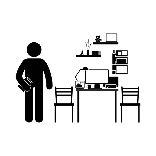 Palillo figura hombre de pie en casa moderna oficina lugar de trabajo vector ilustración icono conjunto — Vector de stock