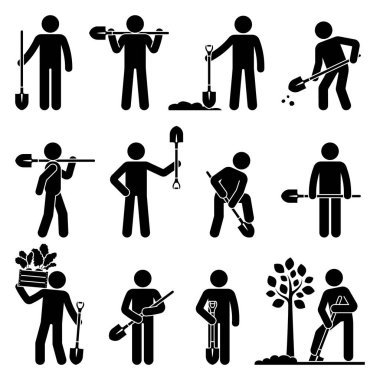 Kürek vektör illüstrasyonlu çöp adam. Stickman toprağı kazıyor, ağaç dikiyor, ikon topluyor.