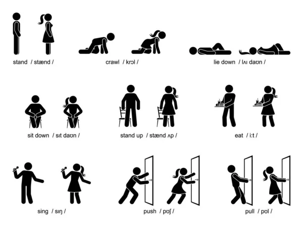 Stick Figure Homme Femme Debout Ramper Allonger Asseoir Lever Manger — Image vectorielle