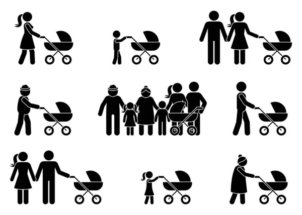 Stick Figure Family Man Woman Grandpa Grandma Stroller Stickman Walking — Stock Vector