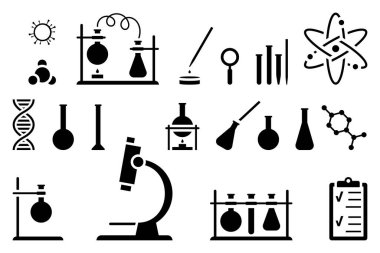 Chemistry lab equipment vector illustration set. Laboratory of scientific technology icon silhouette pictogram on white background