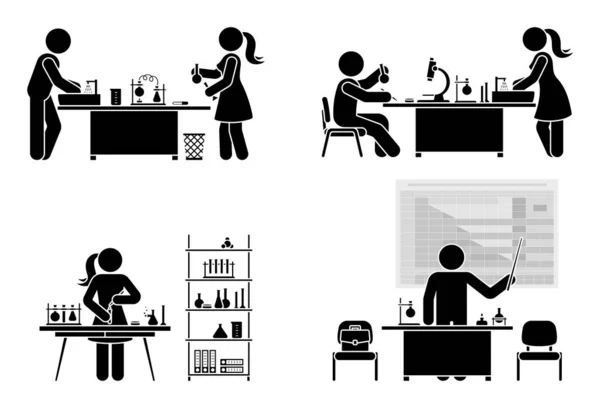 Stick Figure Man Woman Chemist Making Scientific Research Chemistry Laboratory — Vettoriale Stock