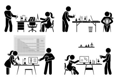 Stick figure male and female chemist making scientific research in chemistry laboratory class room vector illustration icon pictogram set