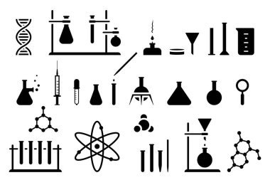 Chemistry laboratory equipment vector illustration set. Chemical research of scientific technology icon pictogram on white background