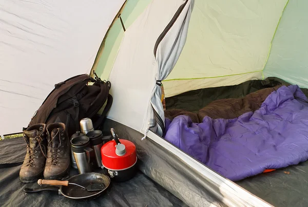 Dome tent camping interior — Stock Photo, Image