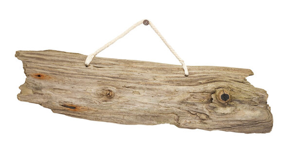 isolated Driftwood wooden sign board on string