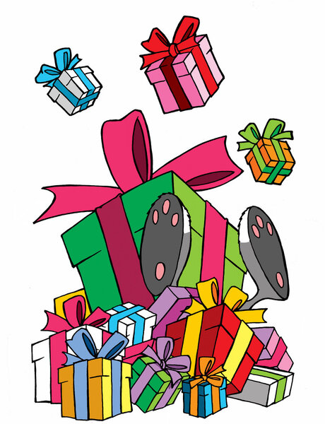 Смешная кошка под грудой подарков
