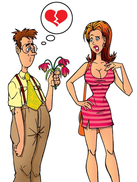 Nerdy guy with bouquet of tulips and his girlfriend — Stock Photo, Image
