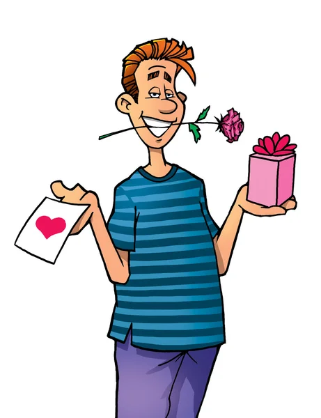Genç adam bir hediye kutusu, aşk mektubu ve bir gül tutan — Stok fotoğraf