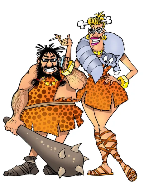 Grappige prehistorische man en vrouw Stockafbeelding