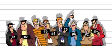 mugshot of suspicious delinquents in police line clipart