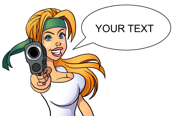 Attractive cartoon woman with gun — Stock Photo, Image