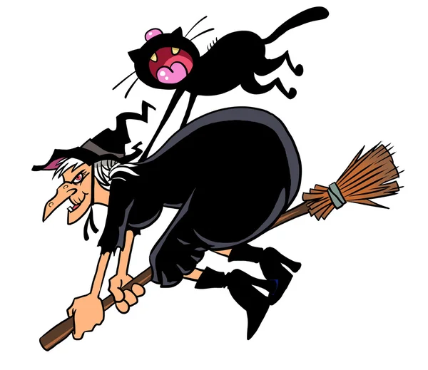 Hexe und ihre schwarze Katze fliegen auf Besen — Stockfoto