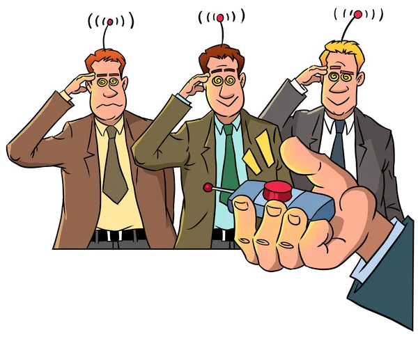 Boss with remote control and androids — Stock Photo, Image