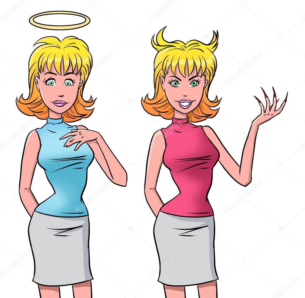 Cartoon woman as half devil half angel 